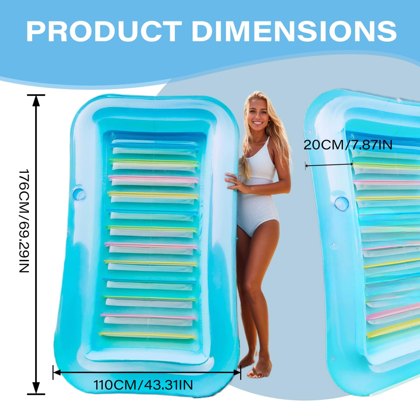 Tanning Pool Bed with Pillow, 69x43x8 Inch PVC Inflatable Sun Lounger with Drink Holder, Portable Blow up Pool Floats for Adults Kids Beach Sunbathing thumbnail 6