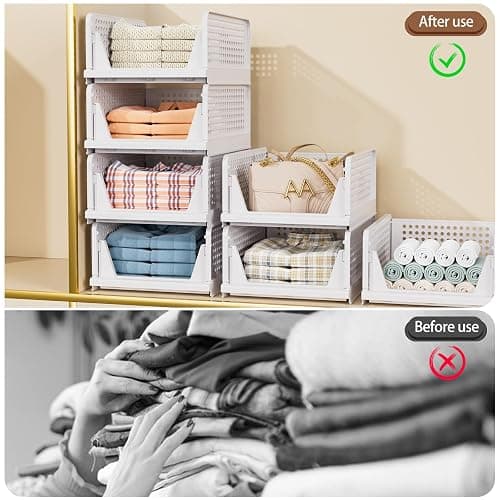 TidyIsles Wardrobe Storage Organiser - 4 Pack Folding Closet Organisers, Stackable Storage Boxes, Plastic Drawer Organiser Basket for Bedroom Kitchen Bathroom White thumbnail 4