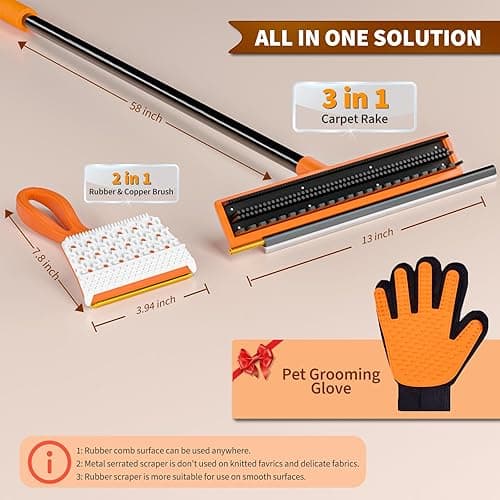 3 in 1 Carpet rake Kit for Pet Hair Removal Tool - Reusable Pet Hair Remover broom w 58"Adjustable Long Handle, Dog & Cat Carpet Scraper, Pet Hair Remover for Rugs, Mats, Couch, Curtains(Orange) thumbnail 2