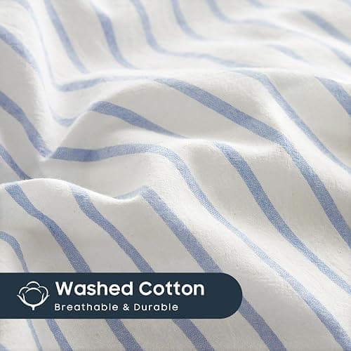 Wake In Cloud - Striped Cotton Duvet Cover Set, Ticking Stripe Vertical Pinstripe Farmhouse, 100% Washed Cotton Textured Percale Bedding Set, 3 Pieces, Blue White, Twin Size thumbnail 6