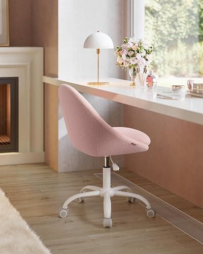VASAGLE Vanity Chair with Lumbar Support, Adjustable Swivel Armless Desk Chair, Teddy Fleece, Compact for Small Spaces, Bedroom, Jelly Pink UOBG020R93 thumbnail 4