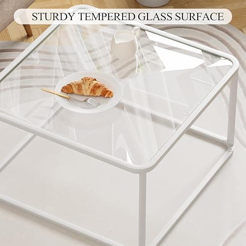 Coffee Table Glass, Minimalist Square Tables for Living Room, Modern Center Table for Office or Small Space, Sturdy Metal Frame, Easy Assembly, 26.4 x 26.4 x 15.7 Inches, White thumbnail 3
