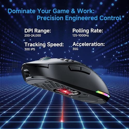 TMKB Falcon M1 Wireless Gaming Mouse, 24000DPI Optical Sensor, 180Hrs Battery, Lightweight, 6 Programmable Buttons, RGB Strip, 2.4G/BT5.2/USB-C Wired for PC/Mac/Laptop - Matte Black thumbnail 2