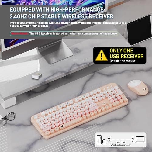 FOPETT 2.4GHz Wireless Keyboard and Mouse Set with Switch Button - Full-Size Keyboard - Compatible for Windows/Laptop/PC/Notebook/Smart TV and More - Pink thumbnail 2