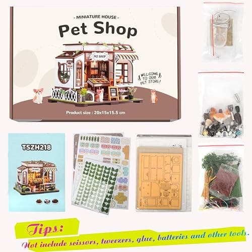DIY Miniature House Kit,Tiny House Pet Shop with Furniture & LED,DIY Dollhouse Miniature Kit for Adults Teen,Mini House Building kit,3D Wooden Craft Mini Model Kit,Birthday Gifts Home Decor thumbnail 7