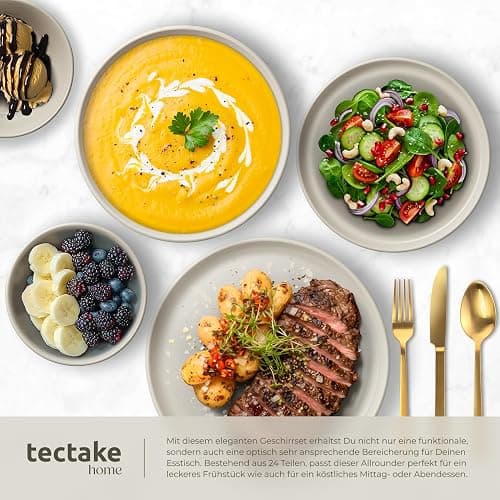 tectake® 24-tlg. Geschirrset, Tafelservice 6 Personen, Steingut Geschirr Set, Teller Set mit Schalen, Speiseteller, Frühstücksteller, tiefe Teller und Schüsseln - taupe thumbnail 5
