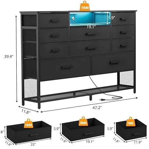 Harpaq Black Dresser for Bedroom with 10 Drawers, Chest of Drawers with Charging Station, TV Stand Storage with LED Light for 55" TV, Fabric Drawers with PU Finish, Dresser with Shelves for Closet thumbnail 3