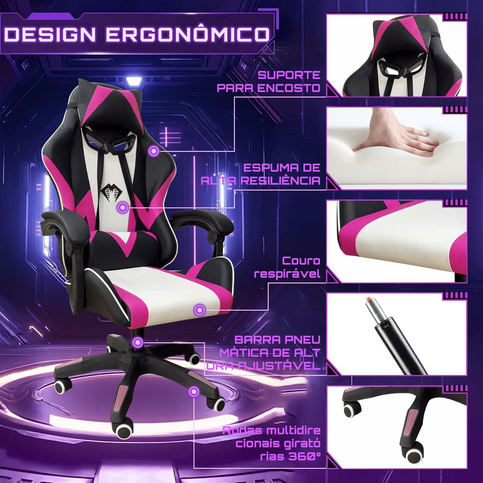 Cadeira Gamer Python Fly, Design Estilo Gamer, Tecido Respirável, Design Ergonômico (Rosa) thumbnail 3