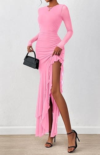BTFBM Women's Maxi Dresses Fall 2025 Long Sleeve Ruched Bodycon Solid Ruffle Mermaid Cocktail Wedding Guest Dress thumbnail 6
