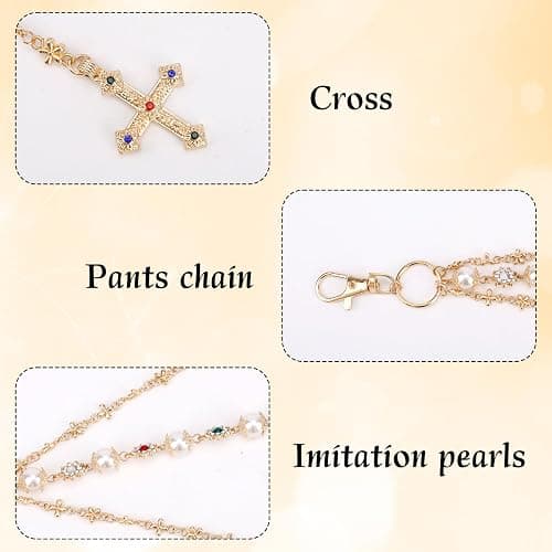 Gold Pants Chain, Stylish Pearl and Rhinestone Gold Wallet Chain with Cross Pendant, Double Layered Biker Jeans Pocket Punk Hip Fashion Charm Belt Jewelry Accessories for Women Men thumbnail 4