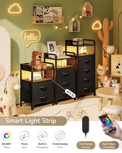 Lazzanto Night Stand Bedside Charger Bedroom - Nightstand with Charging Station & LED Light Strip, Night Stand with Storage Shelf & 2 Fabric Drawers, Morden End Table with U-S-B Ports & AC Outlets thumbnail 4