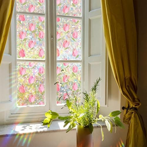 WBQMUNY Window Film,Rainbow Window Privacy Film,Tulip Vine Double Sided Static Glass Window Clings Stickers for Home Office Living Room Bathroom Glass Windows Door Decor17.7" x 43.3" thumbnail 3