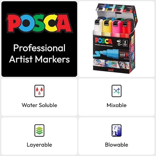 Authentic Posca Marker Set, 8 Professional Grade Posca Markers with 8K Broad Chisel Tips thumbnail 4