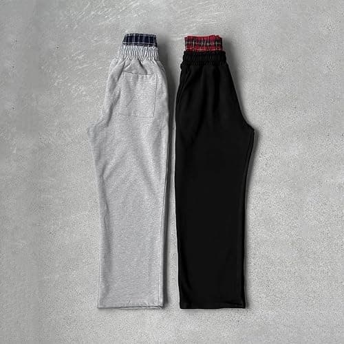 Double Waisted Sweatpants Men Vintage Plaid Double Waist Sweats Elastic Waisted Drawstring Loungewear Track Pants thumbnail 5