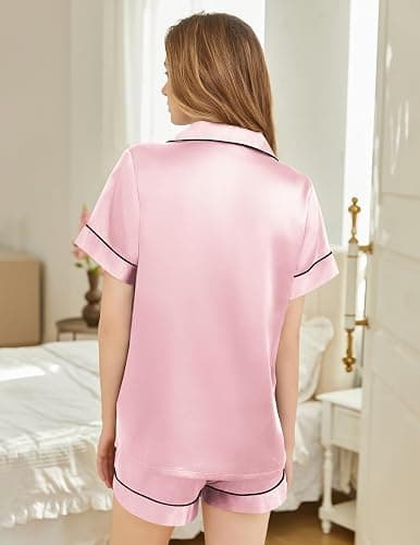 SHEFOTY Silk Pajamas for Women Short Sleeve Sleepwear Soft Button Down Loungewear 2 Piece Satin Pjs Shorts Set S-XXL thumbnail 6
