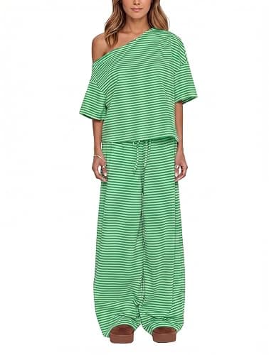 Ythomm Striped Pajama Sets Womens Two Piece Lounge Outfits Short Sleeve Off Shoulder Shirts Drawstring Pants Matching Pj Sets - Image 1