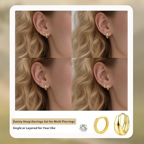 Styleeary Gold Earrings for Women, Small Chunky 14K Gold Plated Hypoallergenic Huggie Hoop Earring Sets for Multiple Piercing, Lightweight Stud Earrings,Tiny Ball CZ Cartilage Earrings Stack 3Pairs thumbnail 2