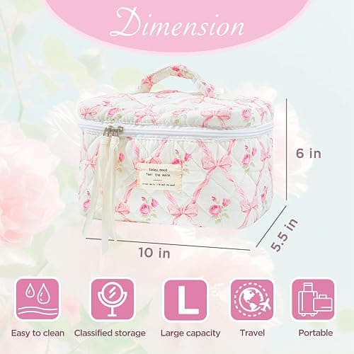 Sminra Makeup Bag Large Travel Quilted Cosmetic Makeup Bag Organizer, Floral Cotton Coquette Aesthetic Toiletry Bag for Women Girls (Pink Bow Flowers-L) thumbnail 3