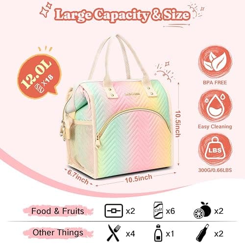 Lunch Bag Women Insulated Lunch Box Wide-Open Lunch Tote Bag Large Drinks Holder Durable Nylon Thermal Snacks Organizer for Men Adults Work Picnic Hiking Beach Fishing, Pink Wavy thumbnail 2