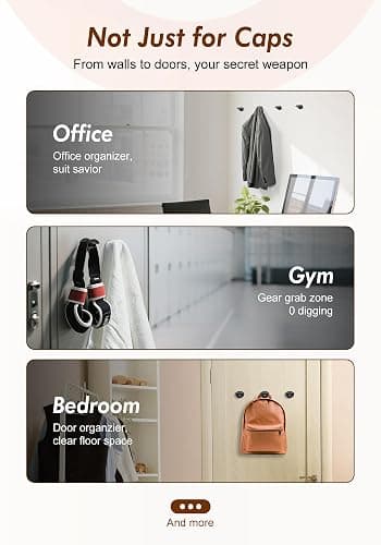 HOUSE DAY Adhesive Hat Hooks for Wall 16 Pack, Strong Hat Rack for Baseball Cap Display Organizer, Hats Holder for Wall, Door, Closet, No Drilling, Black thumbnail 8