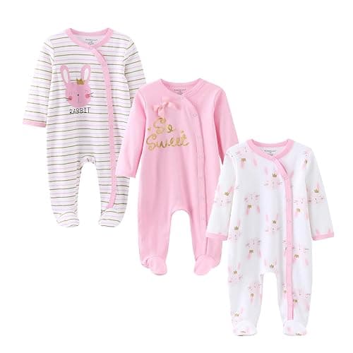 Ecojoy Baby Long Sleeve Sleepsuit Footed Sleep Wear Infant Grow Newborn to 12Months Slanted/Straight Lapel,Soft Cotton,3 Pack - 3 Monate - A Big Bunny - Image 1