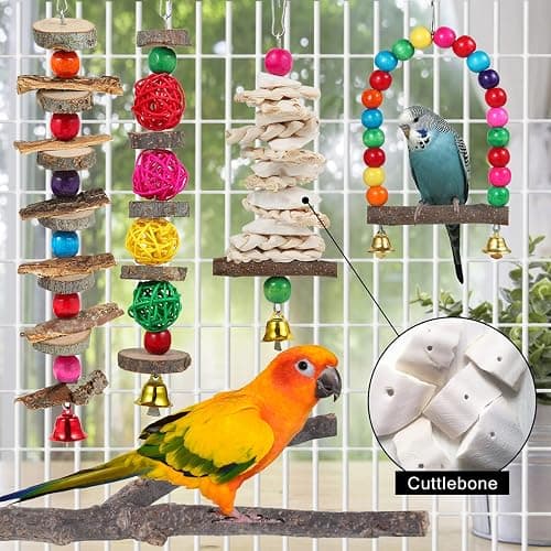 Bird Perch & Toys - 6 Pack Accessories, Wooden Chew Toys & Perch Stand for Parakeet, Conure, Cockatiel, Lovebird, Parrotlet, Budgie, Finches & Other Small to Medium Sized Birds thumbnail 4