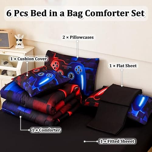 ASKOTU 6 Pcs Full Boys Bedding Set, Red Blue Gamer Comforter Set for Boys with Sheets, Microfiber Geometric Gamer Full Size Bedding Set for Boys - Red-blue - Full-6pcs thumbnail 2