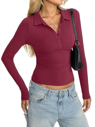 Womens Cotton Polo Collared Shirt Long Sleeve Sexy Deep V Neck Top Button Up Slim Fitted Tee Business Casual Outfit thumbnail 2