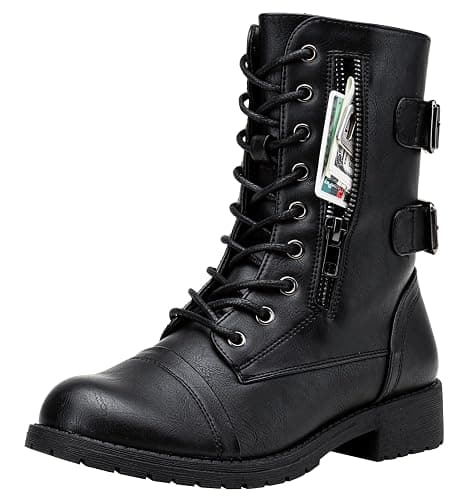 Vepose Women's Lace Up Mid Calf Combat Boots with Functional Pocket | Everyday moto style, functional zip pocket for cards and keys, low heel, inside zipper for city outfits and travel - Image 1