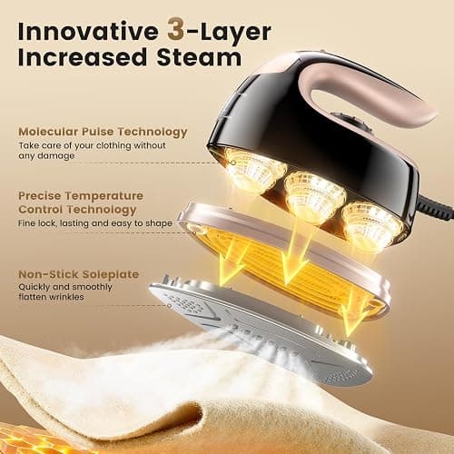 MIYOKO 2-in-1 Mini Steam Iron for Clothes, 1000W Portable Small Iron, with Non-Stick Soleplate, 25G/Min High Speed Steams, 90ML Water Tank, 110-120V for Home Travel Sewing and Quilting, Black & Gold thumbnail 4