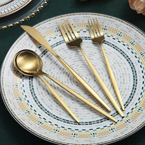 Matte Gold Silverware Set 40 Pieces, Stainless Steel Golden Flatware Set, Titanium Plating Cutlery Set, Matte Gold Utensil Sets, Service Set for 8 (Matte Golden) thumbnail 3