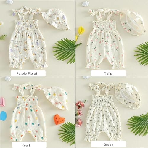 Yabijiojio Baby Girl One Piece Romper with Hat, Newborn Infant Floral Heart Tulip Print Romper Jumpsuit for 0-18 Months thumbnail 2