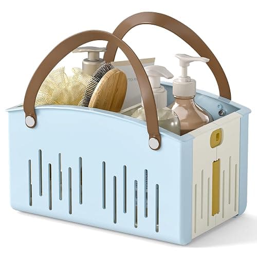 Delamu Portable Shower Basket Caddy with Double Handle Foldable Dry Wet Separation Design 11.0 × 7.1 × 6.5in, Travel, Camping, Gym, College Bathroom Tote, Blue, Ideal Christmas Gifts for Girls - Image 1