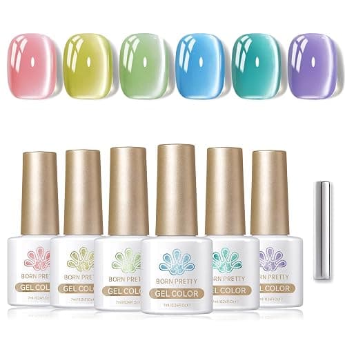 Born Pretty Magnetic Gel Nail Polish Pastel Water Light Cat Magnetic Eye Gel Jelly Glass Crystal Nail Polish Glitter Shimmer Auroras Magnetic Gel Nail Art Manicure Kit 6PCS - Image 1