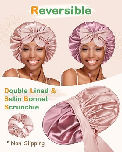 BONNET QUEEN Silk Bonnet for Sleeping Women HYALURONIC Acid Double Layer Satin Bonnet for Curly Hair with Tie Band Scrunchie thumbnail 3