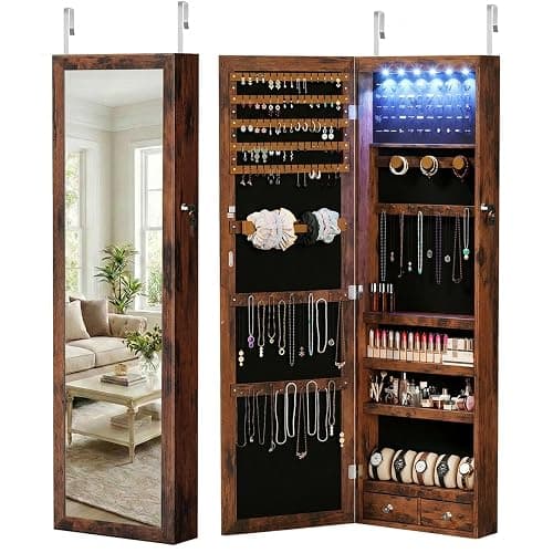 DUMOS 6 LEDs Mirror Jewelry Organizer Cabinet, Jewelry Armoire, 47.2 Inch | Hanging Door or Wall Mounted Mirror, Lockable, Large Capacity Cosmetic Storage, 2 Drawers, Gift Idea, Rustic Brown - Image 1