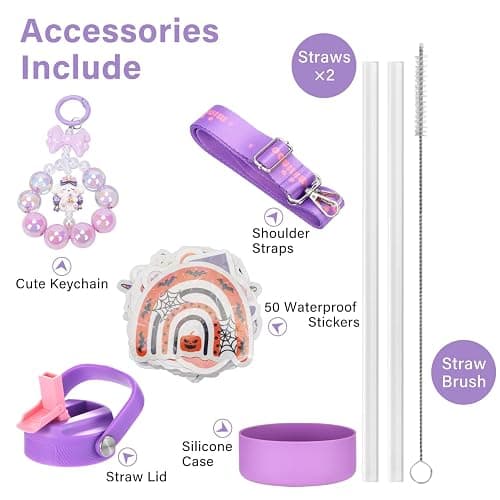Mininoo Insulated Stainless Steel Kids Water Bottle for School with Straw Lid & Strap, 50 Stickers, 18 oz(Purple/Pink) thumbnail 7