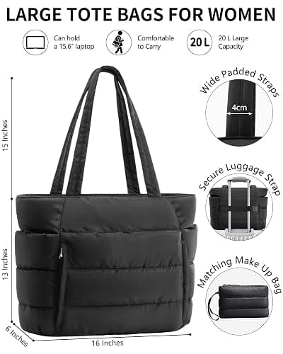 Puffer Tote Bag for Women, Lightweight Puffy Work Handbag Teacher Nurse Quilted Shoulder Bag for School Travel Gym thumbnail 2