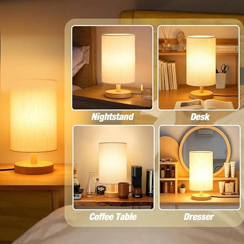 EZIYIN Desk Lamp LED Bulb Included, Small Bedside Table Lamp Plug-in - Classic Wood Base with Flaxen Fabric Shade, Lamps for Night Stands, Simple Nightstand Light for Bedroom, Office, Desk thumbnail 4