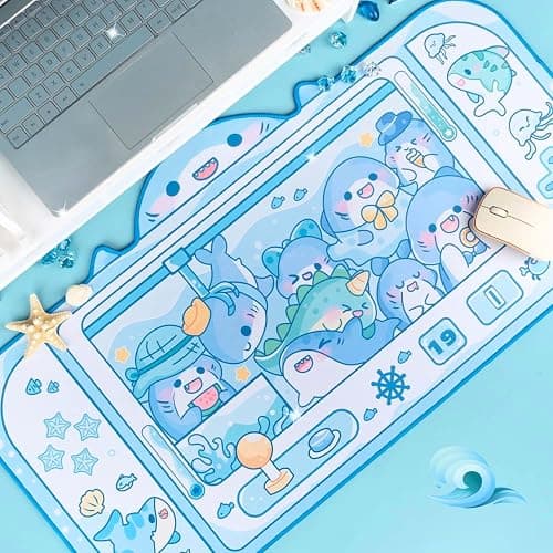 BelugaDesign Shark Desk Pad | Cute Pastel Large Mouse Pad | Cutecore Ocean Switch Anime Keyboard Gaming Mousepad | Machine Washable Nonslip Desk Blotter Protector for Kids Teens and Women (Blue White) thumbnail 2