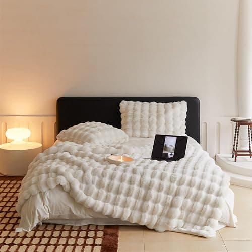 Luxury Thick Plush Faux Rabbit Fur Throw Blanket Ultra-Plush Cozy Soft Decorative Blanket Use for Couch Bed Travel(Beige,60"*80") thumbnail 5