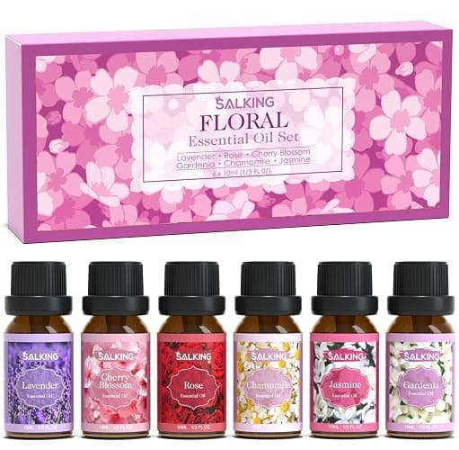 SALKING Floral Essential Oils Set, Premium Pure and Natural Essential Oils, Fragrance Oil Scented Oils for Oil Diffusers 6 x 10 ML - Lavender, Rose, Jasmine, Cherry Blossom, Gardenia, Chamomile - Image 1