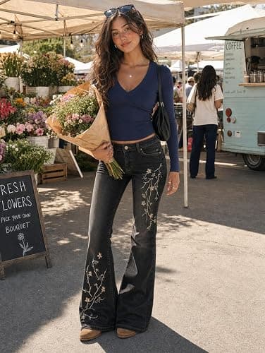 Women Bell Bottom Jeans Stretchy Flare Mid Rise Embroidery Vintage Denim Pants 90s Outfits Y2k Clothes thumbnail 4