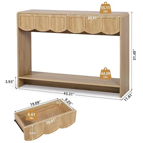 ORRD Console Table with Drawers, Mid-Century 43 Inches Narrow Entryway Table with Open Storage Shelves, Hallway Accent Tables Behind Couch Tables for Living Room - Natural thumbnail 2