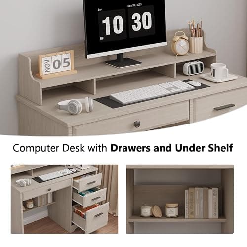 4 EVER WINNER Small Desk with Drawers, Computer Desk with File Cabinet & Monitor Stand, Home Office Desks with Drawers, Wood Writing Desk for Bedroom, Off White thumbnail 4
