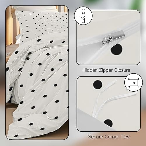 Polka Dot Duvet Cover Set 3 Pieces, Black and White Dot Modern Full Size Comforter Cover Soft Microfiber Bedding Set with Zipper & Ties, 1 Duvet Cover 80x90 inches, 2 Pillowcases thumbnail 5