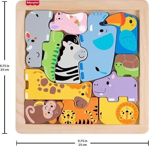 Fisher-Price Wood Toddler Toy Animal Puzzle, 12 Piece Wooden Shape-Sorting Activity for Preschool Kids Ages 2+ Years - Image 1