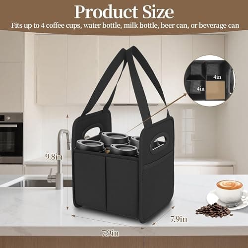 Foyego 4 Cup Drink Carrier with Handle, Reusable Cup Carriers for Drinks, Portable Foldable Insulated Coffee Cup Drink Holder for Delivery and Caddy thumbnail 2