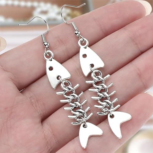 Mabor Ohrringe Fisch Skelett, Grunge Accessoires Ohrhänger Ohrschmuck Fischgräten Zinklegierung Lange Coole Weird Ohrringe Silber Y2k Punk Gothic Schmuck Fischhaken Hängend Schräge für Frauen Mädchen thumbnail 7