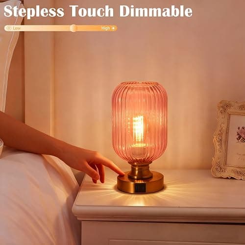 MAINDECO Mid Century Glass Table Lamp,Dimmable Desk Lamp,LED Bulb Included,Touch Control & USB A+C Port,Pink Ribbed Glass thumbnail 2